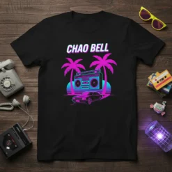 Chao Bell t-shirt design with retro boombox, neon palm trees, and classic car in 80s synthwave style