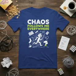 T-shirt with white text "CHAOS FOLLOWS ME EVERYWHERE" and a cartoon character running amidst swirling objects