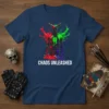 Chaos Unleashed T-Shirt with a dark demon figure splattered in red, green, and purple paint