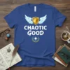 Chaotic Good t-shirt with white text, gold shield with wings, and compass graphic