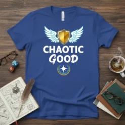 Chaotic Good t-shirt with white text, gold shield with wings, and compass graphic