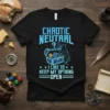 Chaotic Neutral I Like To Keep My Options Open D&D t-shirt design featuring a treasure chest, raven, and dice symbols
