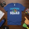 Blue t-shirt with "CHAPERONE SQUAD" text and a graphic of diverse people in a circle