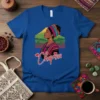 Chapina t-shirt design featuring a woman with a colorful headscarf and traditional clothing, with mountains in the background