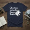 Charisma Uniqueness Nerve Talent text with a white lion graphic on a navy blue t-shirt