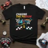 Chasing The Podium text with a race car graphic on a black t-shirt, featuring checkered flags and speed lines