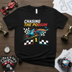 Chasing The Podium text with a race car graphic on a black t-shirt, featuring checkered flags and speed lines