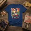 Chavez Sí Se Puede t-shirt design featuring a portrait of Cesar Chavez holding a wrench, with a backdrop of farm