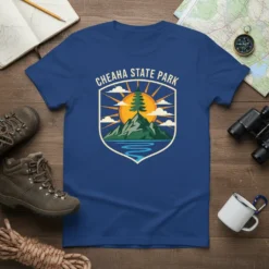 Cheaha State Park graphic t-shirt with mountain, sun, and water illustration, featuring the text "Cheaha State Park"