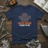 Navy t-shirt with "Check Engine Please Fix Me" text and an illustration of an engine