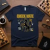 Check Mate t-shirt with a black chess knight, checkered flags, and chess pieces graphic