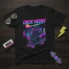 Check Meowt text and black cat on a skateboard in a neon city, retro synthwave design on a t-shirt