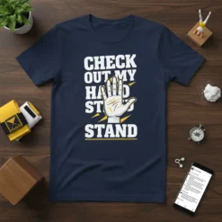 CHECK OUT MY HAND STAND text with a graphic of a hand in a handstand position on a navy t-shirt