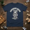 Navy t-shirt with a Checker Bear design featuring a teddy bear in a checkerboard pattern standing on a chessboard