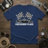 Checkered Flags t-shirt design with a sports car and racing flags, featuring bold white text