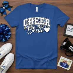 Blue t-shirt with white text "CHEER Bestie" and graphics of pom-poms and a heart