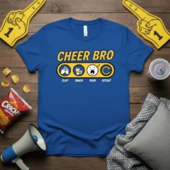 Cheer Bro Clap Snack Yaun Repeat t-shirt design with icons for clapping, snacks, yawning, and repeat cycle