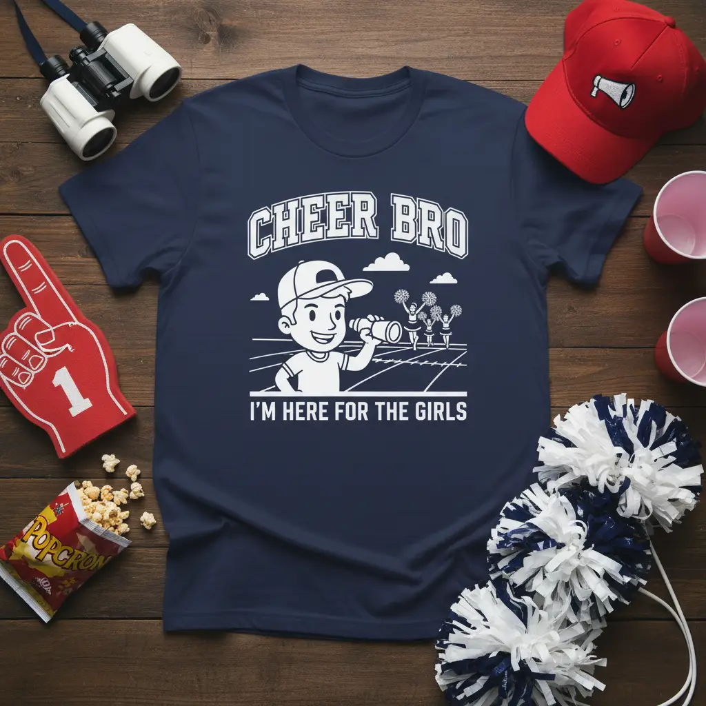 Cheer Bro I'm Here For The Girls text and cartoon graphic of a boy watching cheerleaders on a t-shirt