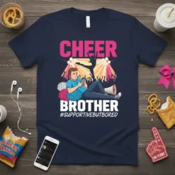 Cheer Brother #SupportiveButBored t-shirt with cartoon of a bored boy on his phone surrounded by cheerleading graphics and crowd