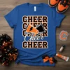 Royal blue t-shirt with bold black and orange "CHEER CHEER Cheer CHEER" text and megaphone graphic