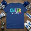 Cheer Leader t-shirt with colorful CHEER text and script Leader, featuring a pink heart graphic