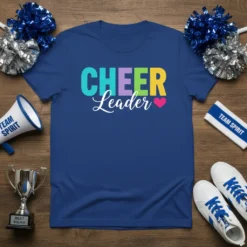 Cheer Leader t-shirt with colorful CHEER text and script Leader, featuring a pink heart graphic