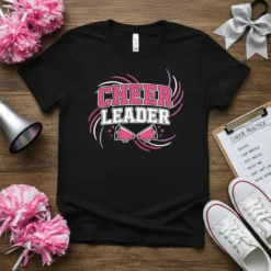 Black t-shirt with "CHEER LEADER" text in pink and white, featuring megaphone graphics and stars