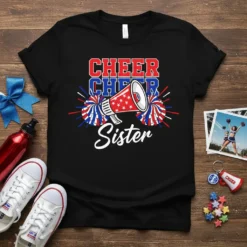 Black t-shirt with "CHEER CHEER Sister" text, a red megaphone with white stars, and red, white, and blue pom-poms