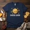 Navy t-shirt with "CHEESE LOVER" text and a graphic of a planet with rings, moons, and stars