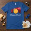 Funny Cheese Wheel t-shirt design featuring a red car with a cheese wheel for a tire and the text "Cheese