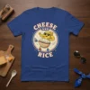 Cheese and Rice graphic t-shirt design with a muscular cheese character dancing with a bowl of rice