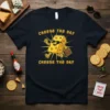 Cheese The Day Cheese The Day t-shirt with a cartoon cheese character running and holding a briefcase