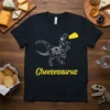 Cheesesaurus t-shirt design featuring a skeleton dinosaur reaching for a slice of cheese