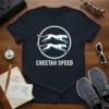 Graphic t-shirt featuring the text "CHEETAH SPEED" above two running cheetahs in a circle, on a navy blue shirt