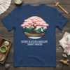 Cherry Blossom Landscape Serenity Awakens text with a scenic Japanese landscape featuring a cherry blossom tree and a crane