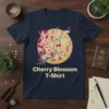 Navy t-shirt with a golden circle graphic depicting a blooming cherry blossom branch, featuring the text "Cherry Blossom T-Shirt" below