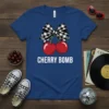 Cherry Bomb t-shirt with a graphic of two cherries tied with a black and white gingham bow