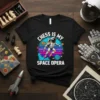 Astronaut in space with planets and colorful nebula, text "CHESS IS MY SPACE OPERA" on a black t-shirt
