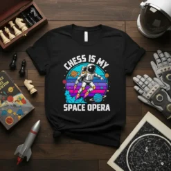 Astronaut in space with planets and colorful nebula, text "CHESS IS MY SPACE OPERA" on a black t-shirt