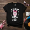 Chew Rock And Pop Llama T-Shirt with a white llama blowing bubblegum, wearing pink glasses and a bow