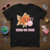Goldfish wearing glasses and a crown blowing bubble gum with text "Chew On This!" on a black t-shirt