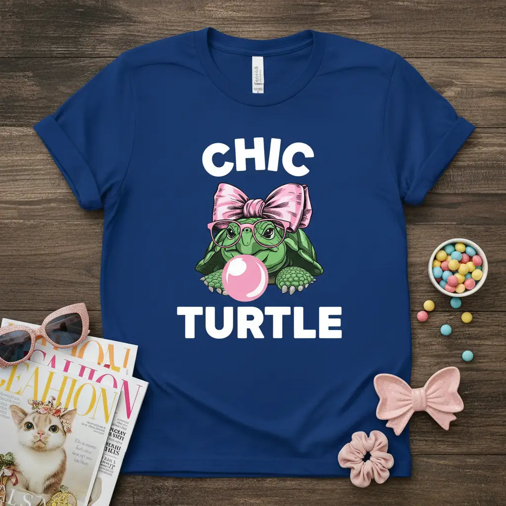 Chic Turtle graphic tee featuring a fashionable turtle blowing bubblegum with text