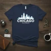 Chicago Illinois skyline graphic with city name in bold white text on a navy blue t-shirt