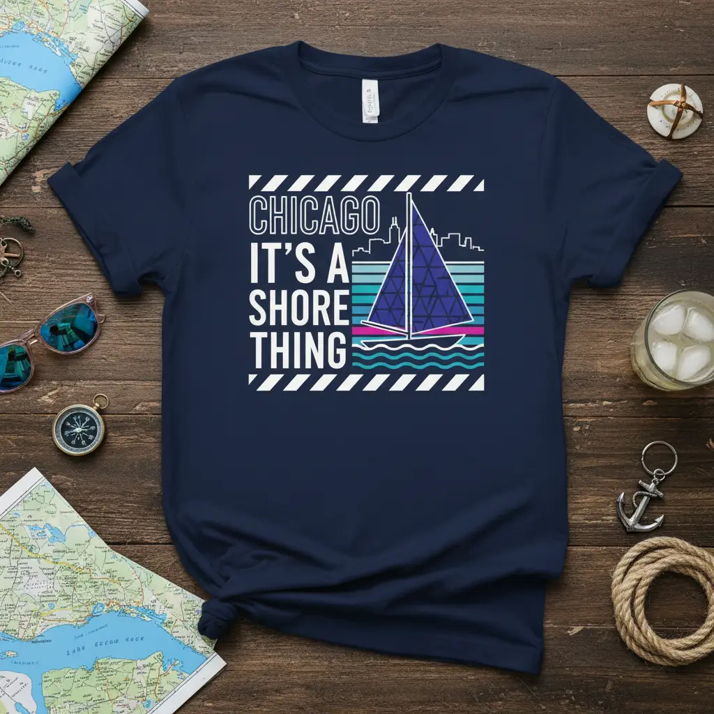 Chicago It's A Shore Thing sailing t-shirt featuring a sailboat and skyline graphic