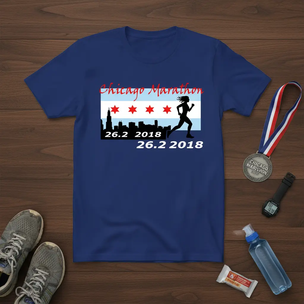 Chicago Marathon 26.2 2018 runner graphic t-shirt with city skyline and flag elements