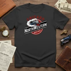 Chicago Northwestern Railway vintage train t-shirt design with steam engine graphic and bold text