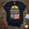 Chicago Where Popes Are Born Pope Leo XIV text with Chicago skyline and US flag graphic on a navy t-shirt