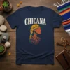 Chicana t-shirt design with bold text and a profile of a woman with braided hair and roots