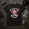 Black t-shirt with "Chicano Pride Carnal Mi Familia" text and an eagle, shield, and skull graphic in maroon and white