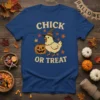 Chick or Treat Halloween t-shirt with a cute chicken wearing a witch hat and a jack-o'-lantern